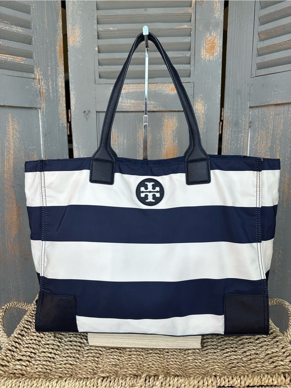 Tory Burch Ella Packable Nylon Tote Navy Bar Stripe